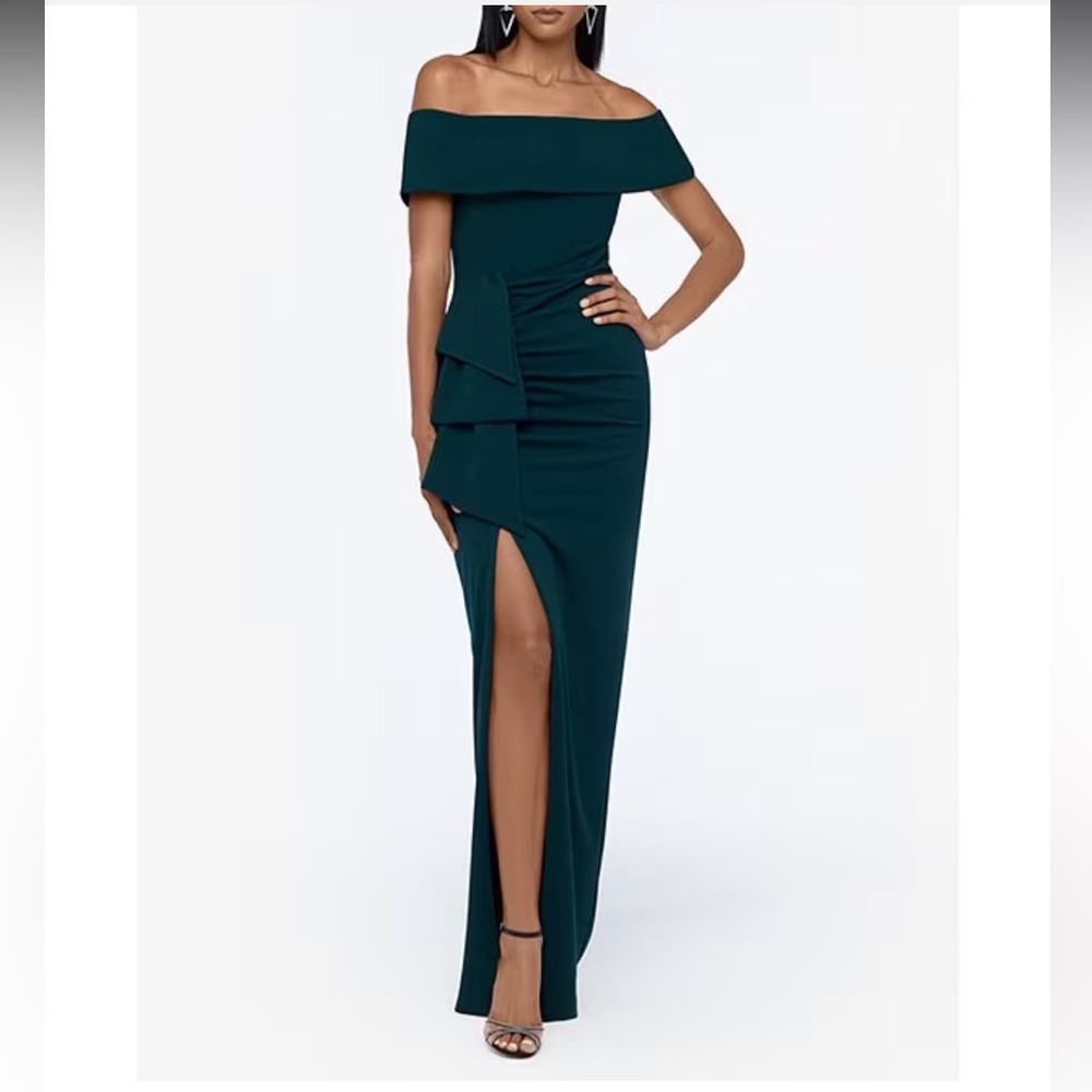 Xscape off the shoulder ruched side bow short sleeve scuba crepe slit gown